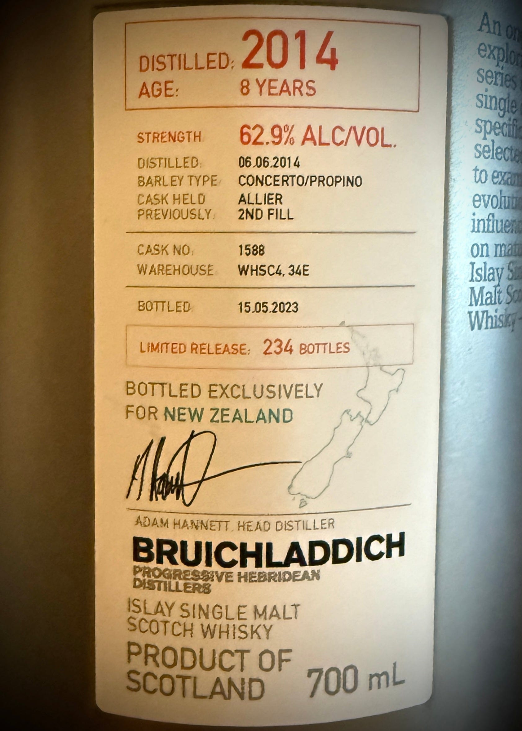 Horny Pony  Bruichladdich 8y/o 2014 Allier 2nd Fill Cask#1588 Micro Provenance NZ Exclusive 62.9%Abv 30ml