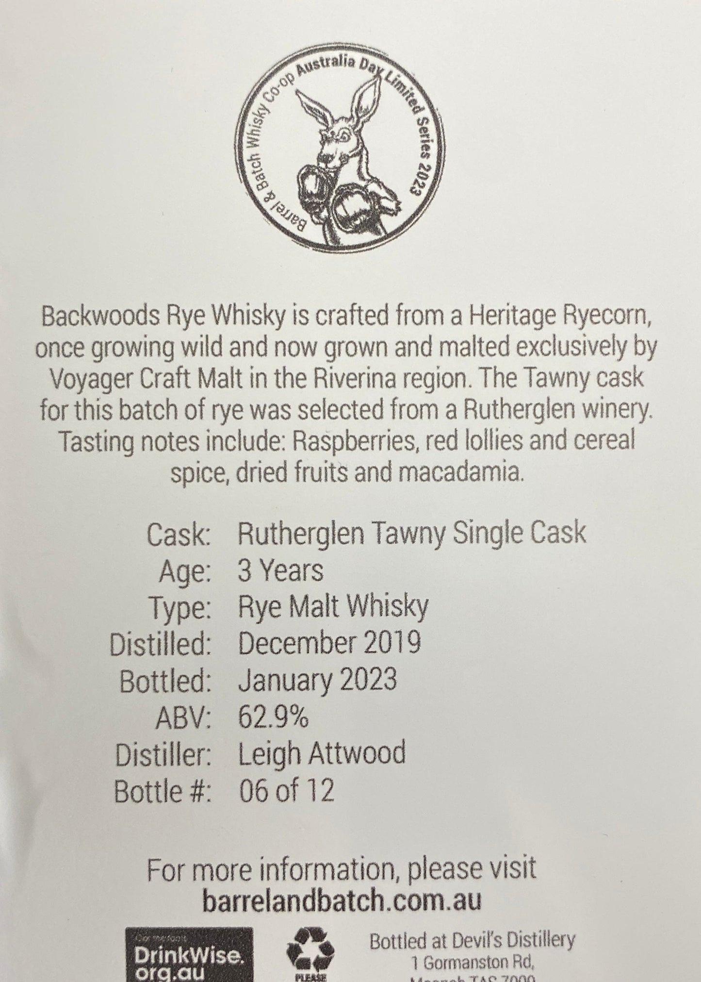 Horny Pony  Backwoods Rutherglen Tawny Port Cask Rye Whisky 62.9%ABV 30ml