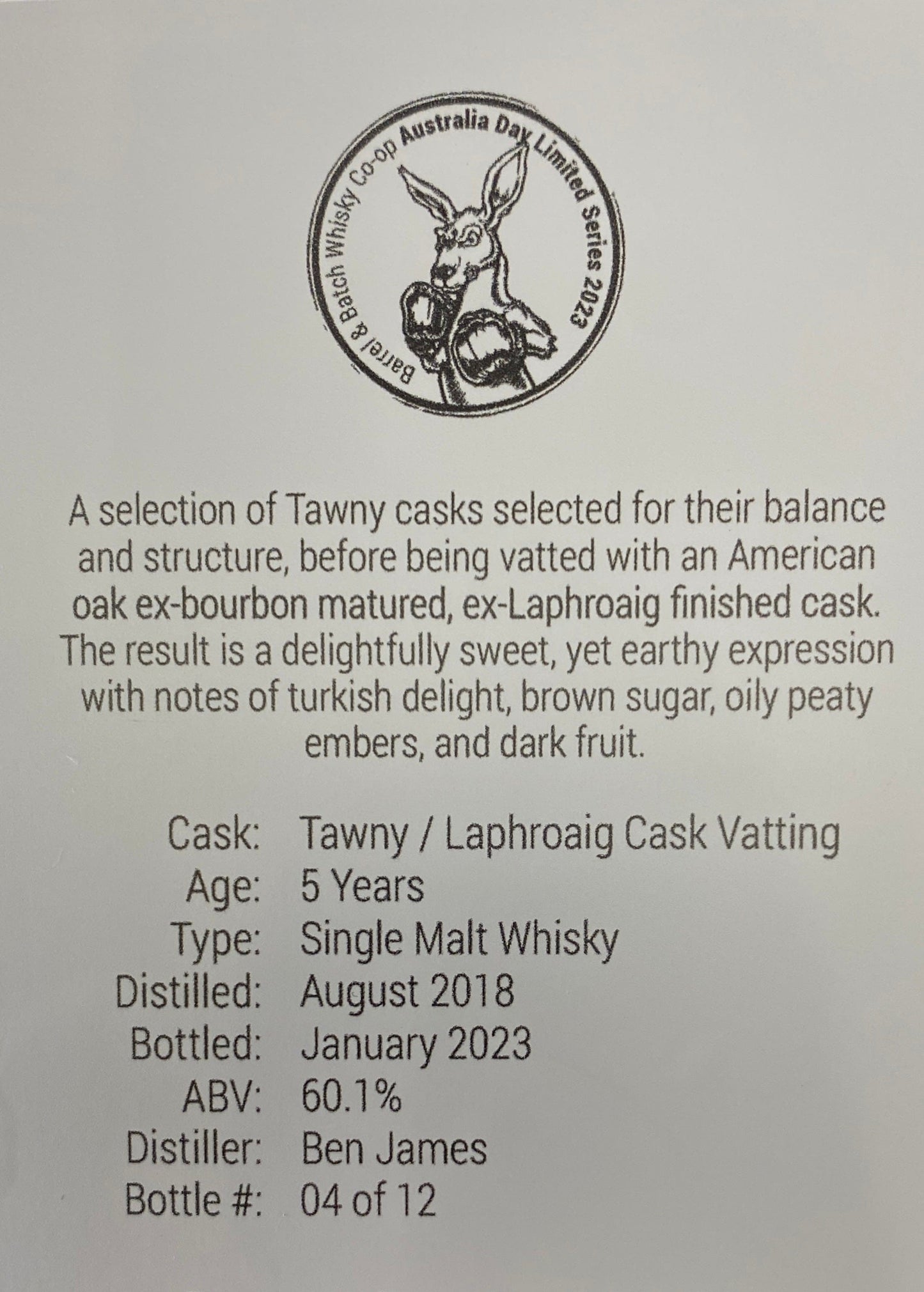 Horny Pony  Hobart Whisky Tawny / Laphroaig Cask Vatting Barrel & Batch 60.1%ABV 30ml